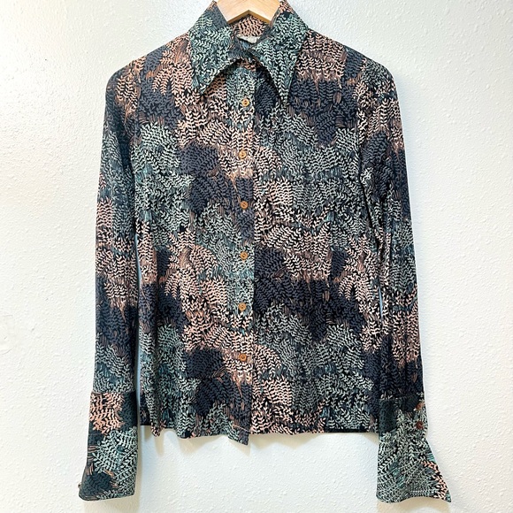 Rare Vintage 70s Disco Era Novelty Pattern Organic Fern Print Button Front Shirt - Picture 3 of 8